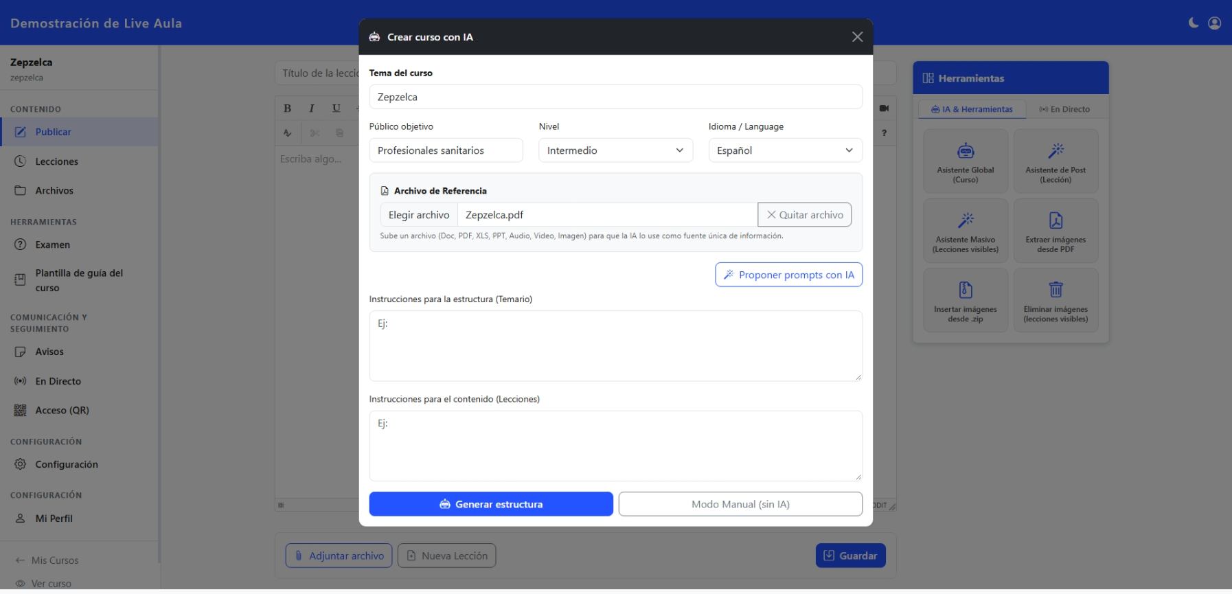 Paso 1: Interfaz de Live Aula para subir un documento PDF y configurar el tema del curso con IA
