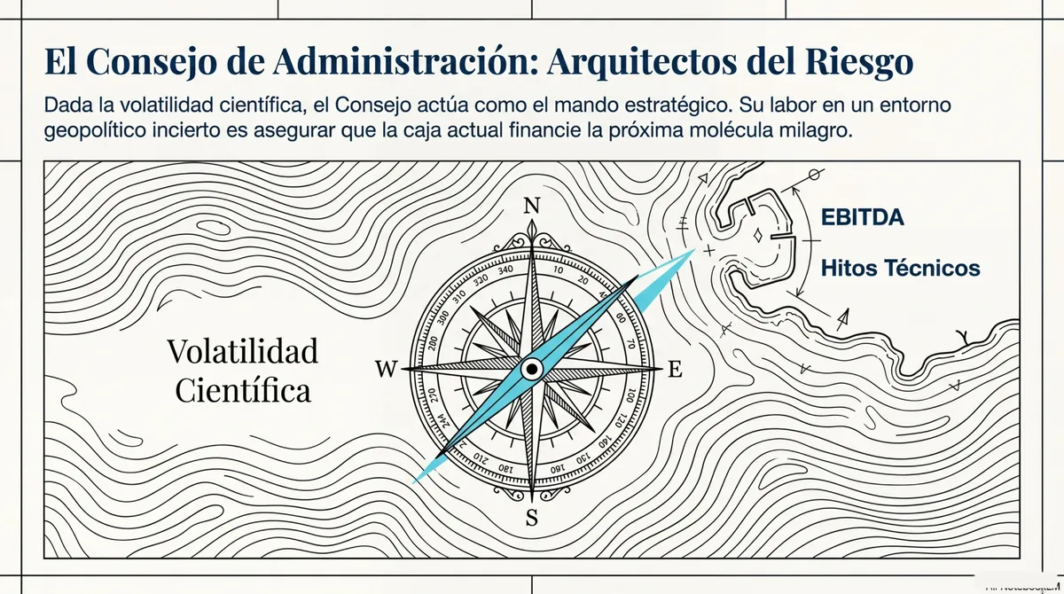 Dibujo de una brújula orientada hacia hitos técnicos y EBITDA en un mapa topográfico.