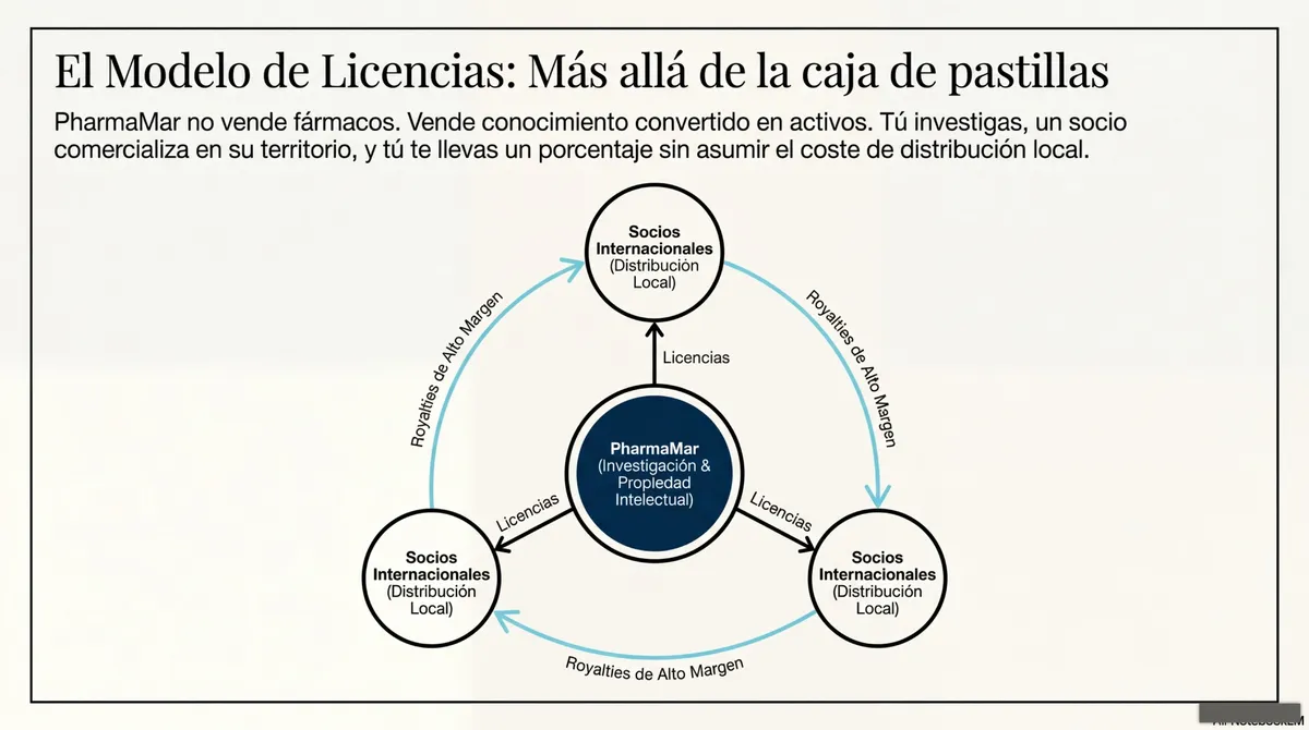 Diagrama circular que muestra la relación de licencias y royalties entre PharmaMar y sus socios internacionales.