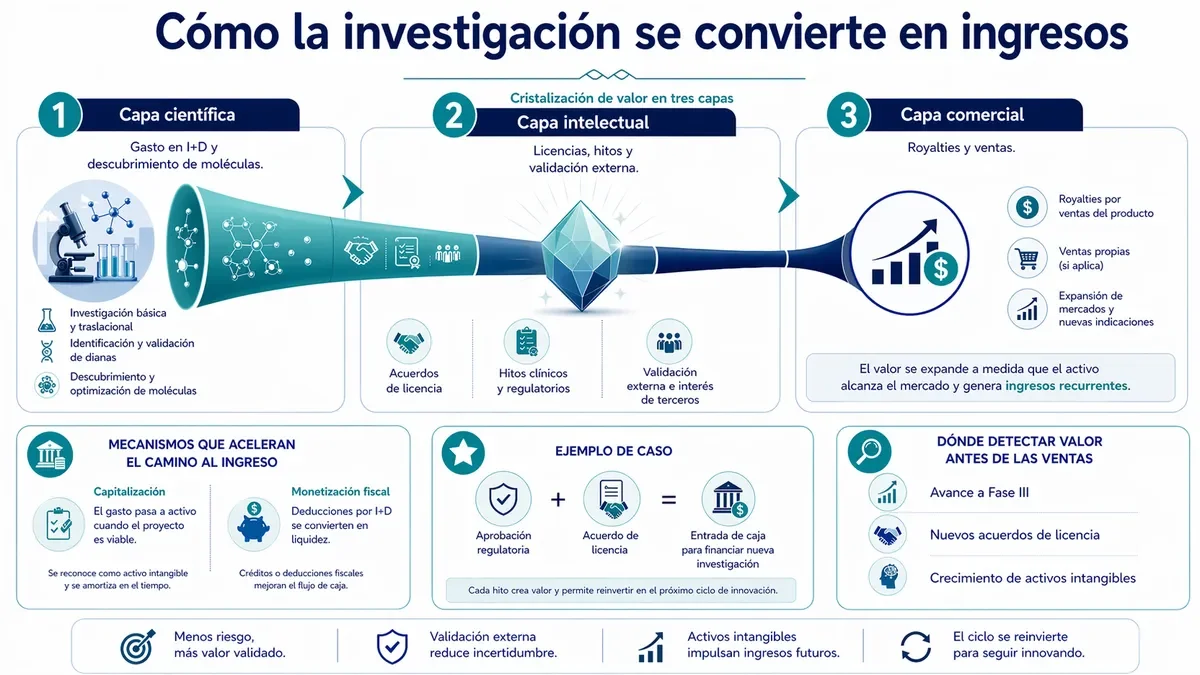 Visualización del proceso de cristalización de valor desde la capa científica a la comercial.