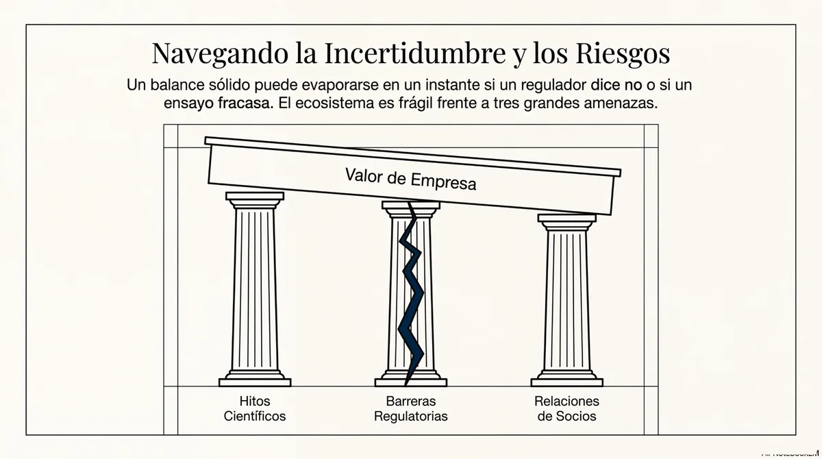 Ilustración de tres columnas (Hitos, Regulación, Socios) sosteniendo el valor de la empresa, con una columna agrietada.
