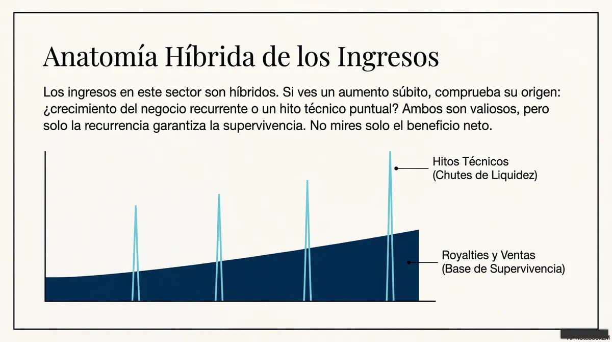 Gráfico de barras de picos de liquidez (hitos técnicos) sobre una base creciente de royalties y ventas.