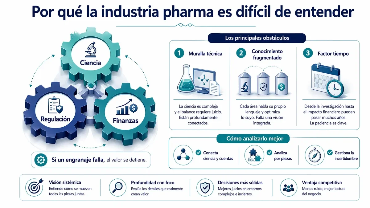 Diagrama de engranajes representando Ciencia, Regulación y Finanzas en la industria farmacéutica.