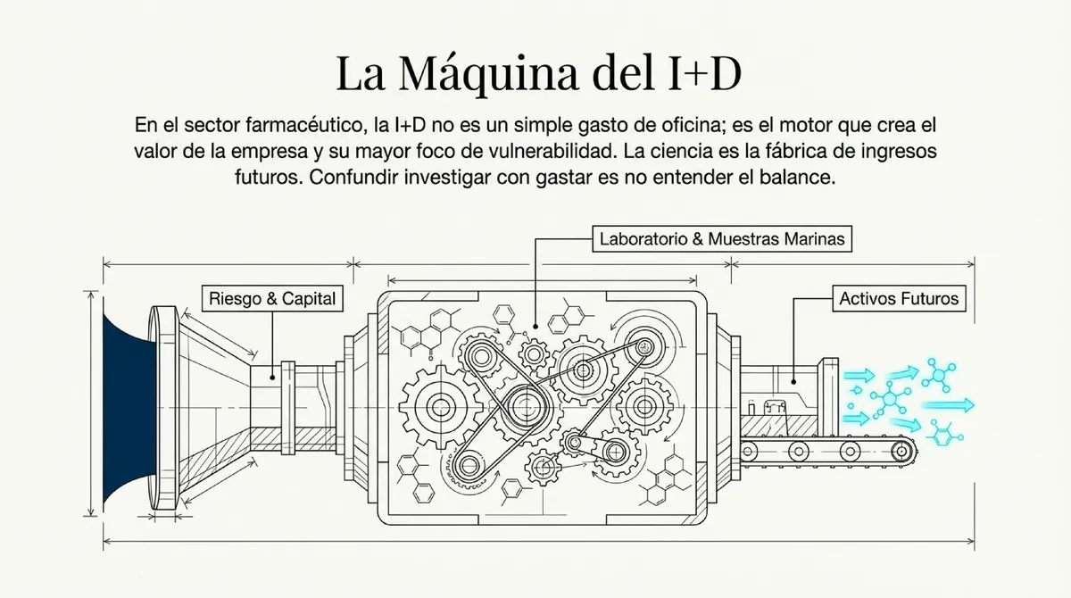 Diagrama de una máquina compleja que transforma riesgo y capital en activos futuros.