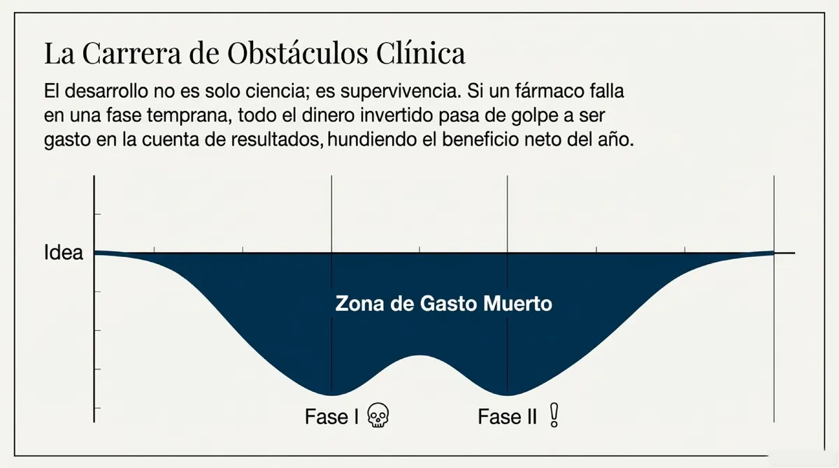 Gráfico de valle que representa la zona de gasto muerto en las fases I y II del desarrollo clínico.