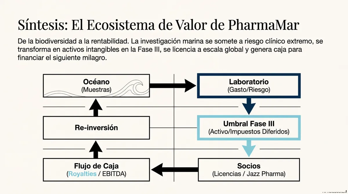 Diagrama de flujo que resume el ciclo desde la obtención de muestras hasta el flujo de caja y la reinversión.